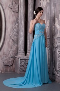 Aqua Blue Prom Dress Empire Sweetheart Chiffon Beading Court Train
