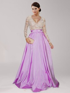 Perfect Deep V Neckline Long Sleeves Lilac Prom Dress with Beading and Belt