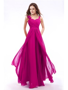 Unique Straps Fuchsia Long Prom Dress with Hand Made Flowers