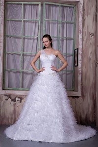 Fashionable One Shoulder Court Train Satin And Tulle Appliques Wedding Dress