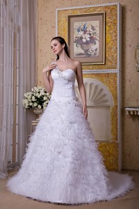 Modest One Shoulder Brush Train Satin And Tulle Appliques Wedding Dress