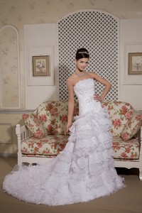 Perfect Strapless Court Train Organza And Lace Sash Wedding Dress