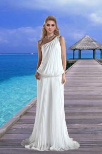 Cheap One Shoulder Pleat Wedding Dress with Court Train for Beach 
