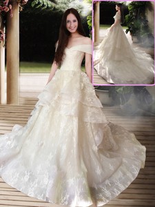 New Style A Line Court Train Wedding Dress With Off The Shoulder