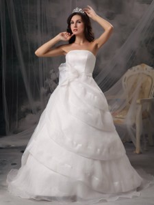 Affordable Strapless Court Train Organza Handle Flowers Wedding Dress
