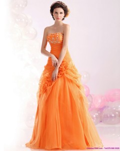 Luxurious Strapless Orange Red Prom Dress With Hand Made Flowers And Beading