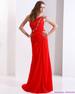 Elegant One Shoulder Red Prom Dress With Beadings And Brush Train