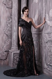 Black Mother Of The Bride Dress Column One Shoulder Brush Train Lace Beading