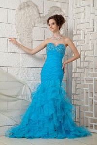 Sky Blue Prom Dress For Custom Made Sweetheart Organza Beading Brush Train