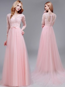 See Through V Neck Three Fourth Length Sleeves Prom Dress with Lace and Bowknot