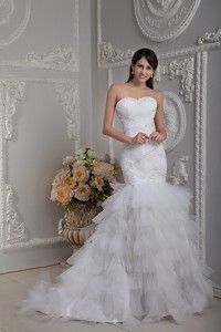 Affordable Mermaid Sweetheart Court Train Tulle Beading and Ruch Wedding Dress 