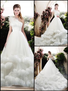 Popular One Shoulder Wedding Dress With Appliques And Ruffles