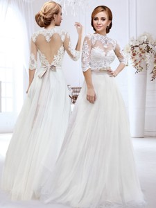 Discount Belted and Laced High Neck Wedding Dress with Side Zipper 
