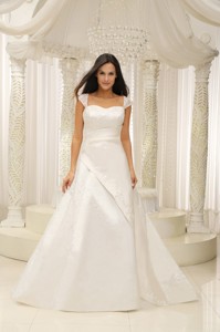 Square Neck Embroidery With Beading On Satin White Wedding Dress