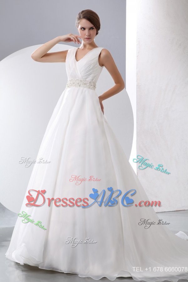 V-neck Zipper Up Court Train Beading And Ruching Organza Wedding Dress