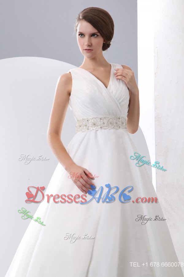 V-neck Zipper Up Court Train Beading And Ruching Organza Wedding Dress