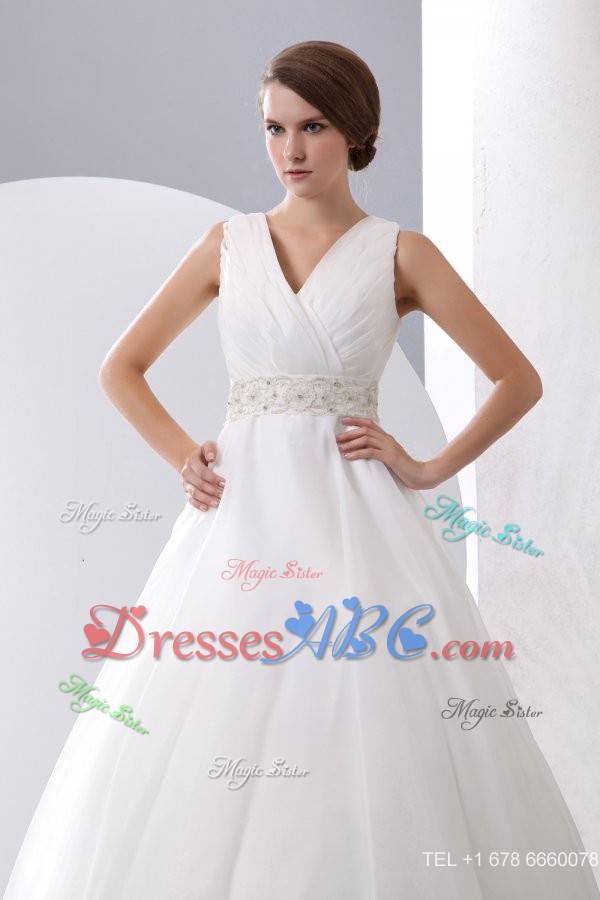 V-neck Zipper Up Court Train Beading And Ruching Organza Wedding Dress