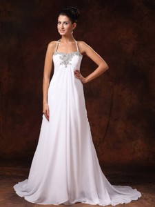 Halter Top Court Train Empire Wedding Dress With Appliques For Custom Made In