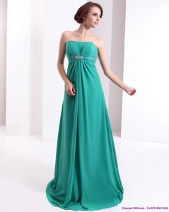 Affordable Strapless Brush Train Prom Dress With Beading And Ruching