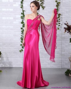 Elegant One Shoulder Fuchsia Prom Dress With Beading And Ruching