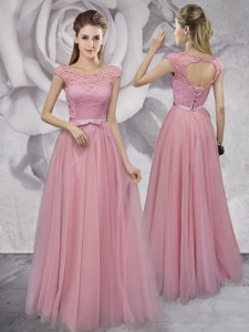 Gorgeous Scoop Cap Sleeves Laced Prom Dress in Pink
