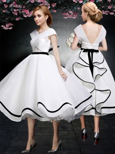 Cheap V Neck Cap Sleeves White and Black Prom Dress in Tea Length