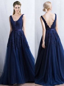 Cheap Applique and Belted Navy Blue Prom Dress with Brush Train