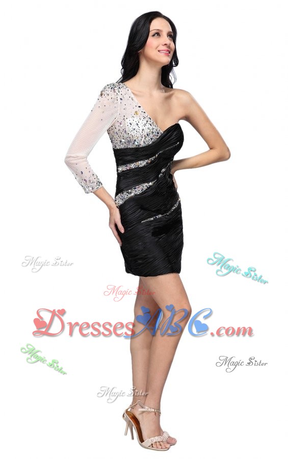 Column Black One Shoulder Long Sleeves Beading Mini-length Prom Dress