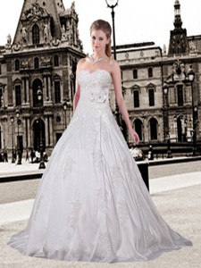 Elegant A Line Sweetheart Court Train Wedding Dress With Appliques