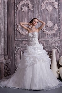 Custom Made Princess Stapless Chapel Train Organza Beading And Pick-ups Wedding Dress