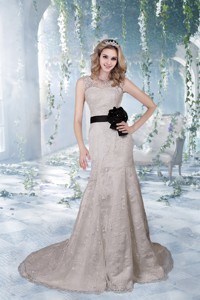 Beautiful Column Court Train Lace Wedding Dress With V Neck