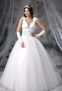 Jefferson Iowa Appliques With Beading Hand Made Flowers Tulle Floor-length Wedding Dress
