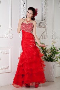Red Mermaid Sweetheart Floor-length Organza Beading Prom / Evening Dress