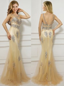 Popular Scoop Cap Sleeves Champagne Prom Dress with Beading