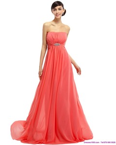 Watermelon Beading Long Prom Dress With Ruching And Sweep Train