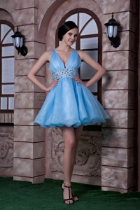 Sweet Aqua Blue V-neck Prom Homecoming Dress Organza Beading Mini-length