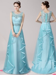 Modest Scoop Applique and Ruffled Prom Dress with Brush Train