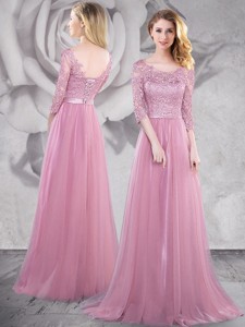 Latest Half Sleeves Laced Pink Prom Dress with Brush Train