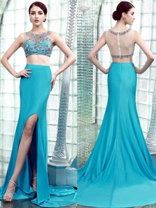 Two Piece Scoop Beaded High Slit Prom Dress with Brush Train