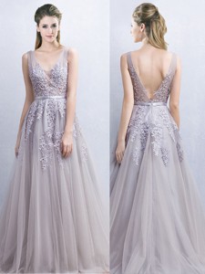 Gorgeous V Neck Grey Backless Prom Dress with Appliques and Belt