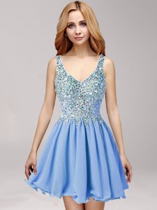 Discount Straps Beaded and Ruffled Prom Dress in Mini Length