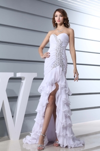 Beading White Sweetheart Mermaid Brush Train Beautiful Prom Dress