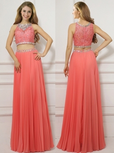Two Piece Scoop Empire Beaded Prom Dress in Watermelon Red