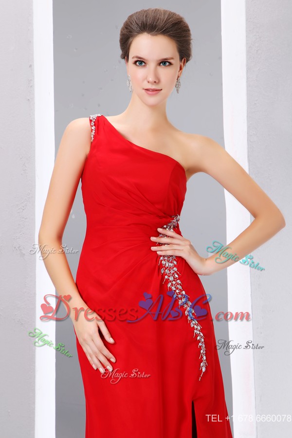 Cheap Red Prom Dress Column One Shoulder Beading Floor-length Chiffon