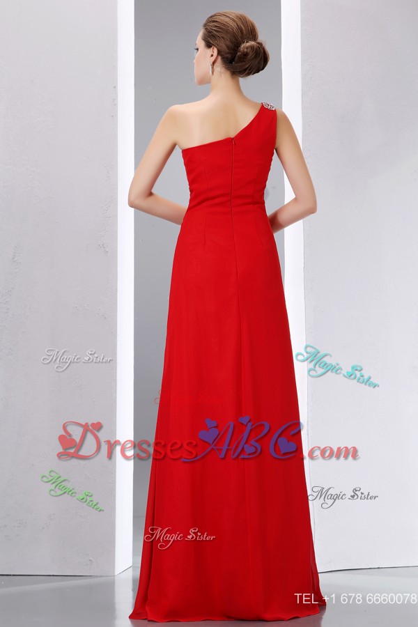 Cheap Red Prom Dress Column One Shoulder Beading Floor-length Chiffon