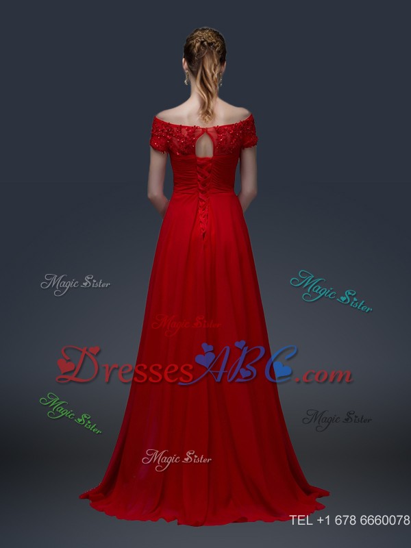 Simple Off The Shoulder Short Sleeves Red Prom Dress With Appliques