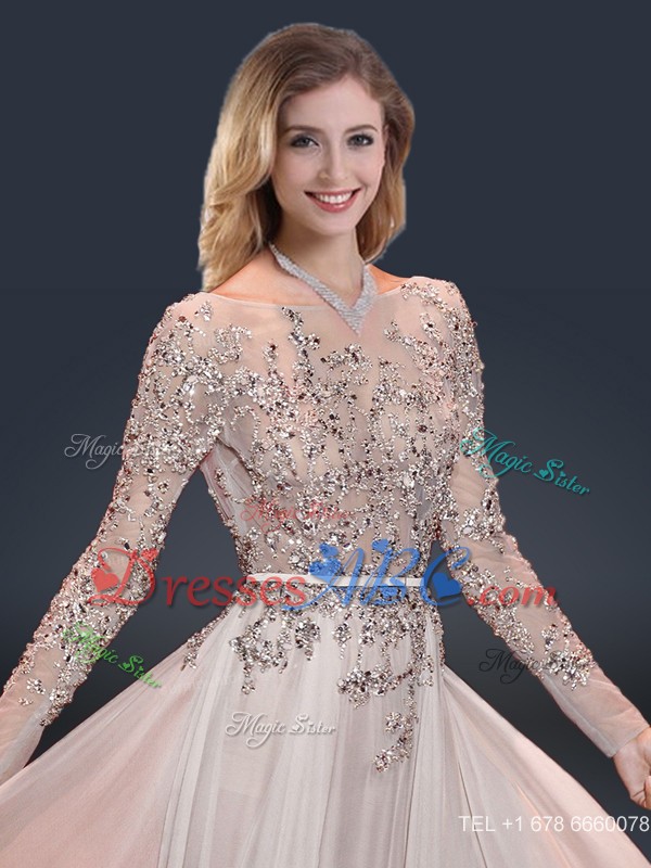 Cheap Brush Train Champagne Prom Dress With Beading