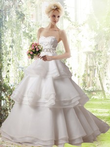 Romantic A Line Brush Train Ruffled Layers And Beading Wedding Dress With Strapless