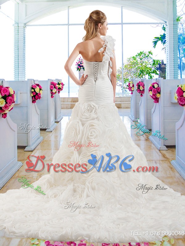 Luxurious Mermaid One Shoulder Wedding Gowns with Rolling Flowers 