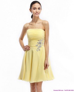 Strapless Mini Length Prom Dress With Ruching And Rhinestones